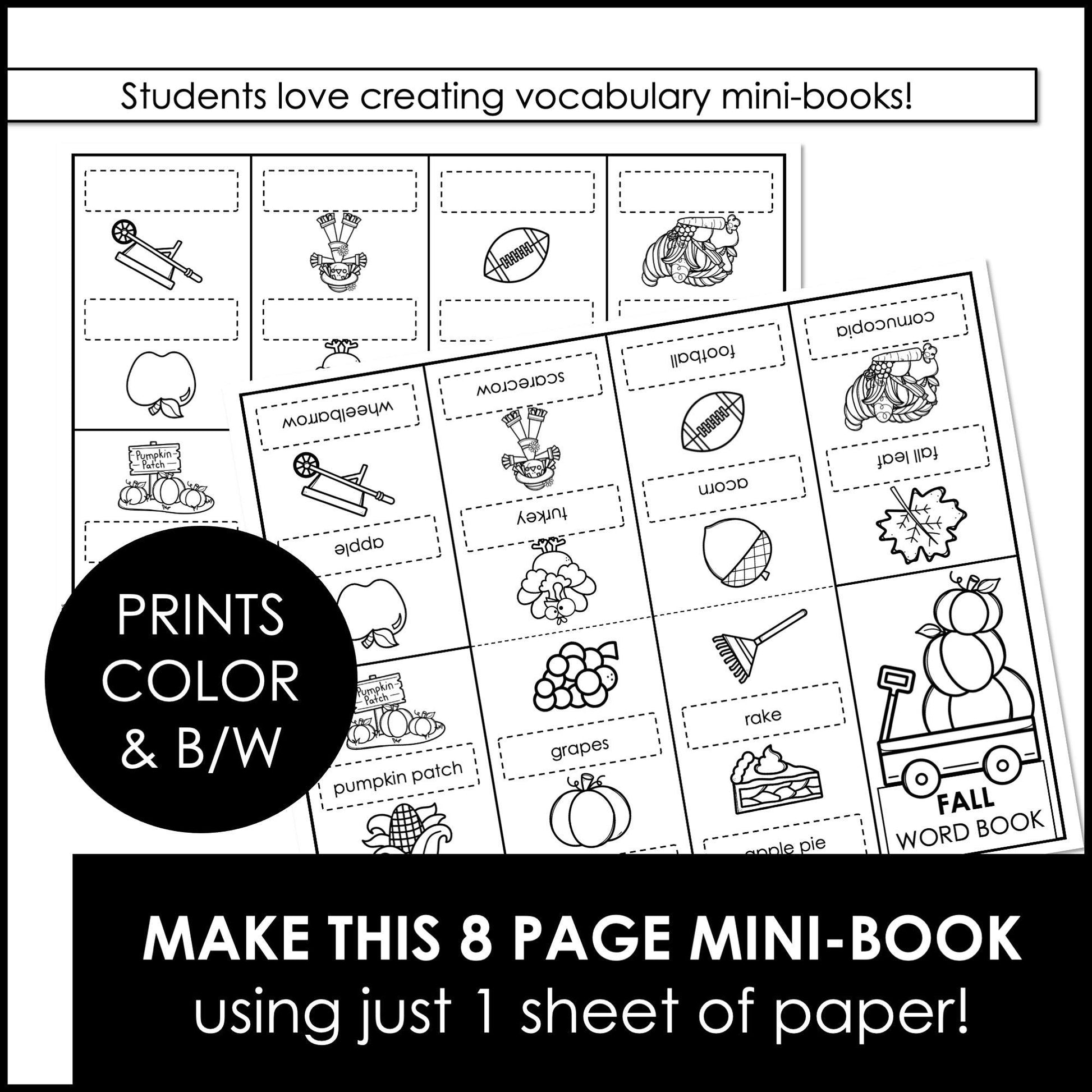 Fall Vocabulary Word Mini Book | Autumn Picture Dictionary