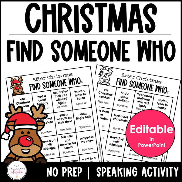 Find Someone Who - Editable Christmas Speaking Activity for ESL/EFL/ELL - Hot Chocolate Teachables