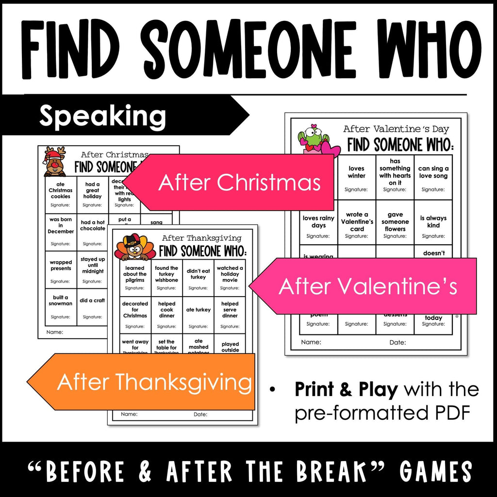 Find Someone Who - ESL Speaking Activities for After ANY Break - Hot Chocolate Teachables