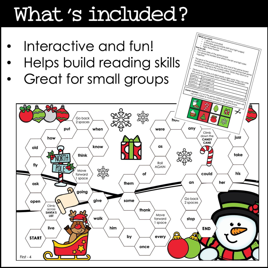 FIRST GRADE Sight Word Board Games for CHRISTMAS - Dolch Aligned Words - Hot Chocolate Teachables