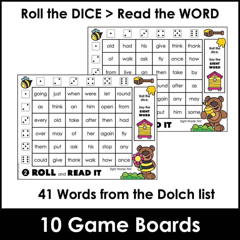 FIRST GRADE Sight Words Roll & Read Activity Boards - Dolch List - Hot Chocolate Teachables