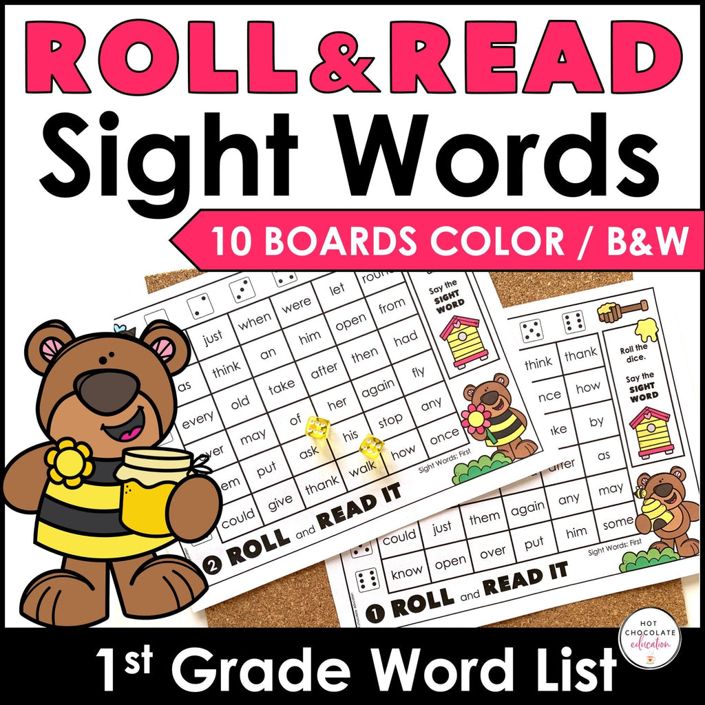 FIRST GRADE Sight Words Roll & Read Activity Boards - Dolch List - Hot Chocolate Teachables