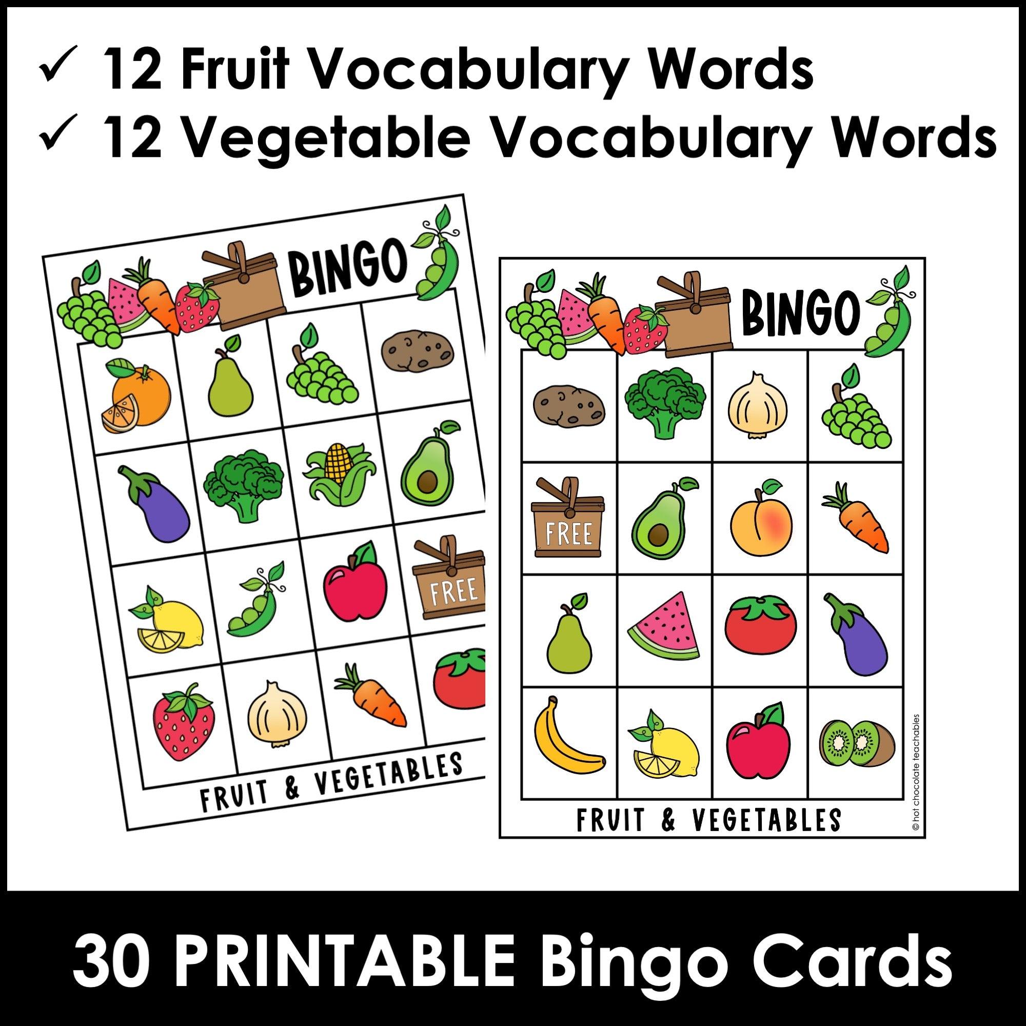 Fruit & Vegetable Vocabulary Bingo Game | ESL Activity - Hot Chocolate Teachables