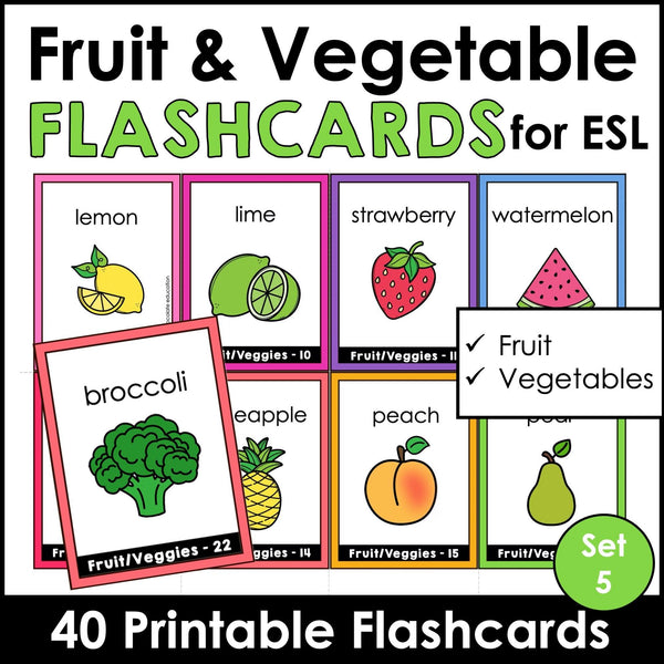 Fruit & Vegetable Vocabulary Flashcards | ESL Task Cards - Hot Chocolate Teachables