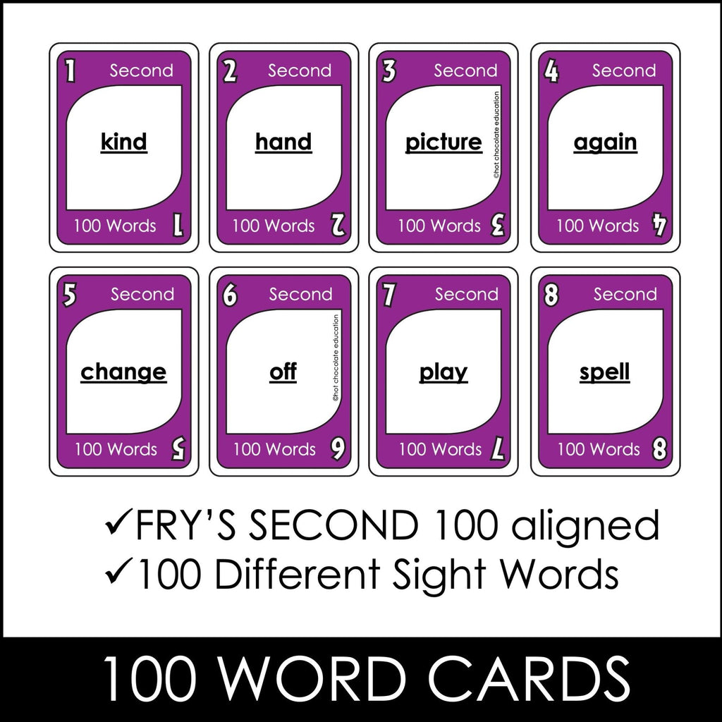 Fry's Sight Words Card Game - Second 100 Words for 2nd Grade - Plays like UNO - Hot Chocolate Teachables