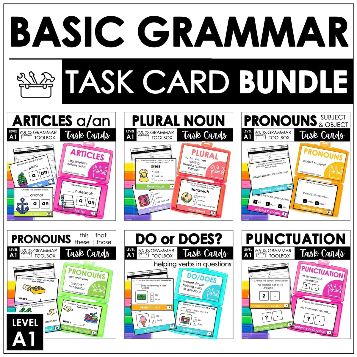 Grammar Fun Task Grammar Task Card Bundle - ESL Beginner Concepts