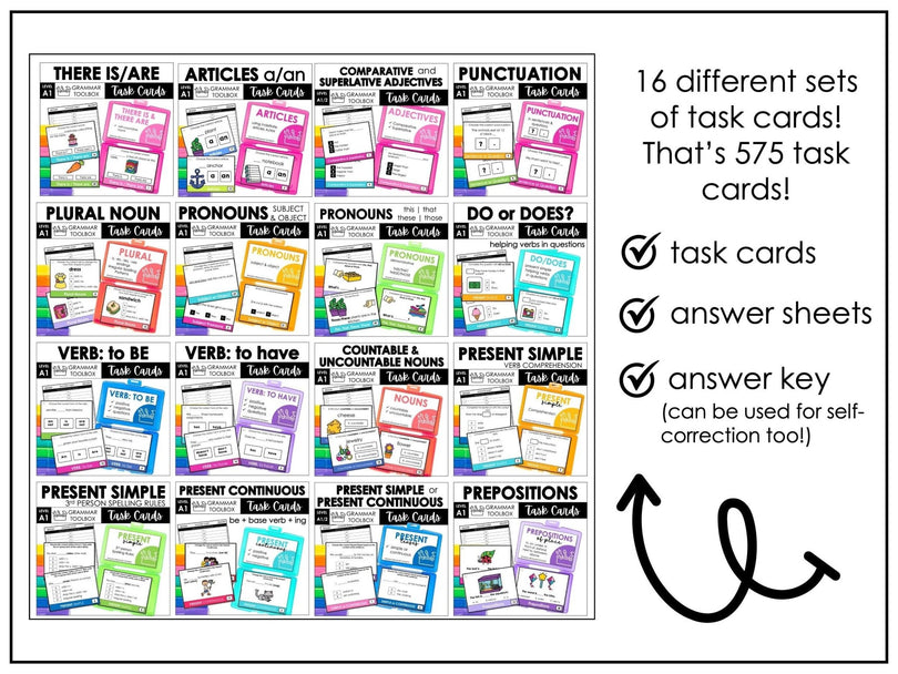 Grammar Fun Task Grammar Task Cards Bundle - Parts of Speech, Verbs, Nouns