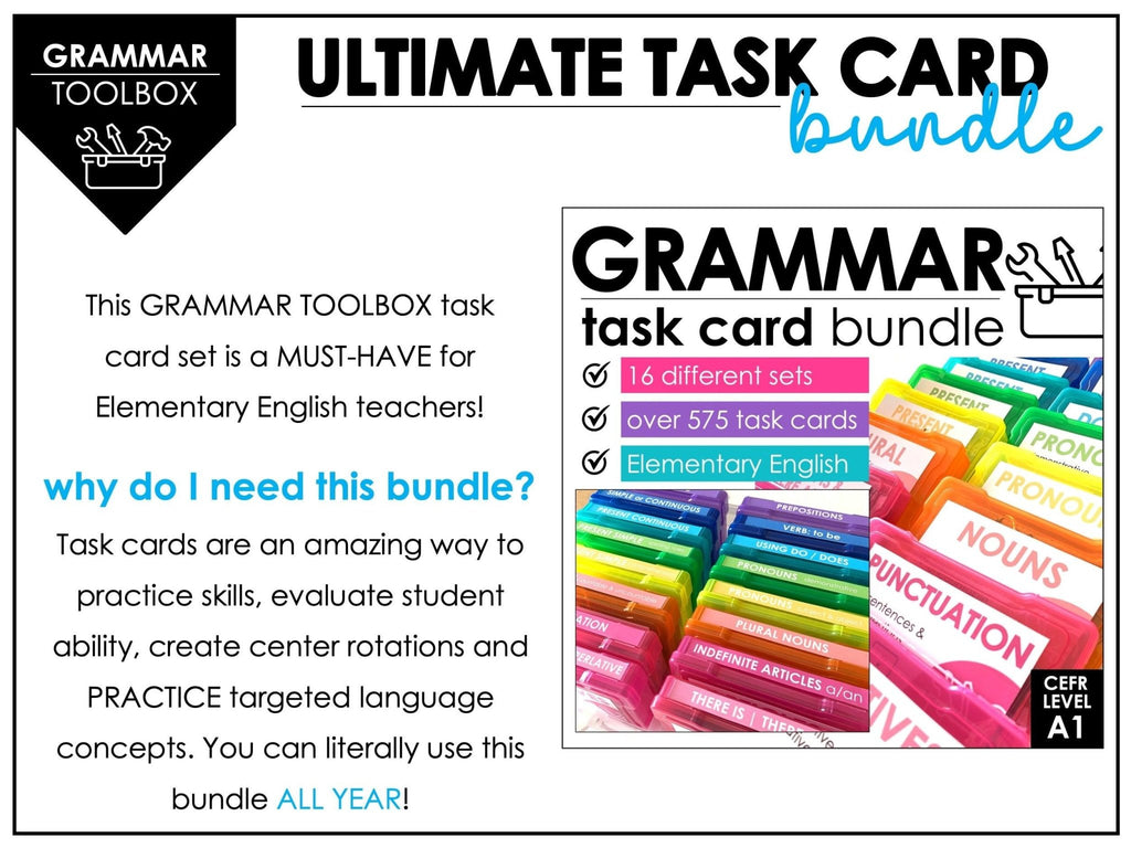 Grammar Task Cards Bundle - Parts of Speech, Verbs, Nouns, Prepositions | ESL - Hot Chocolate Teachables