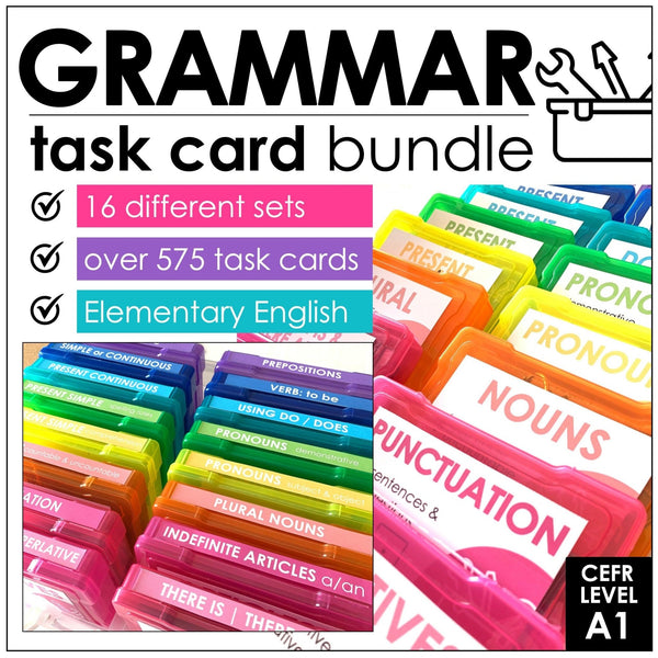 Grammar Task Cards Bundle - Parts of Speech, Verbs, Nouns, Prepositions | ESL - Hot Chocolate Teachables