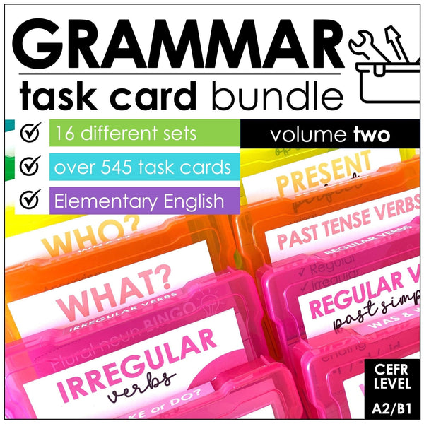 Grammar Task Cards Bundle - WH Questions, Past & Future Verb Tenses - A2 B1 ESL - Hot Chocolate Teachables