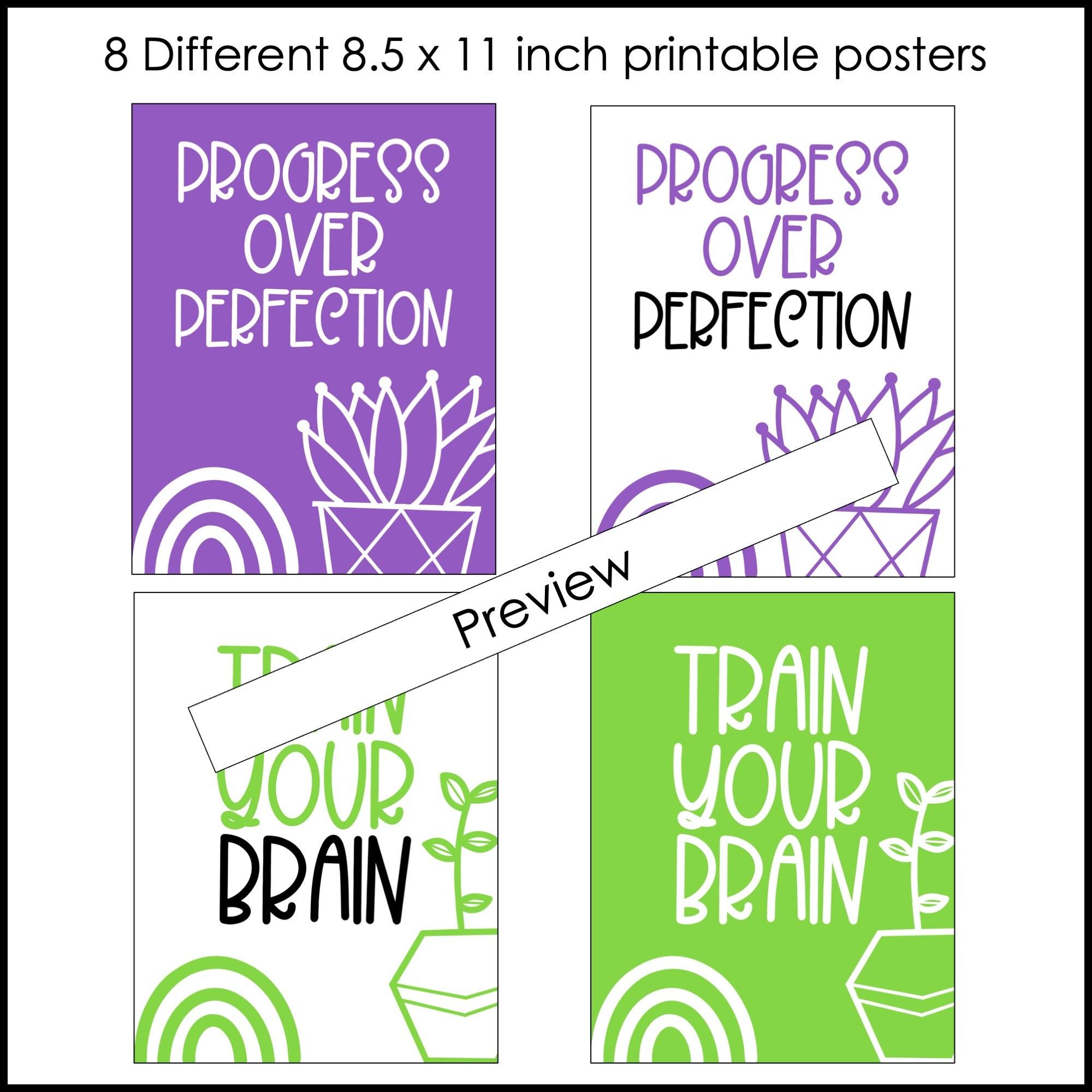 Growth Mindset Posters: Classroom Decor Quotes - Cactus Rainbow Colors - Hot Chocolate Teachables