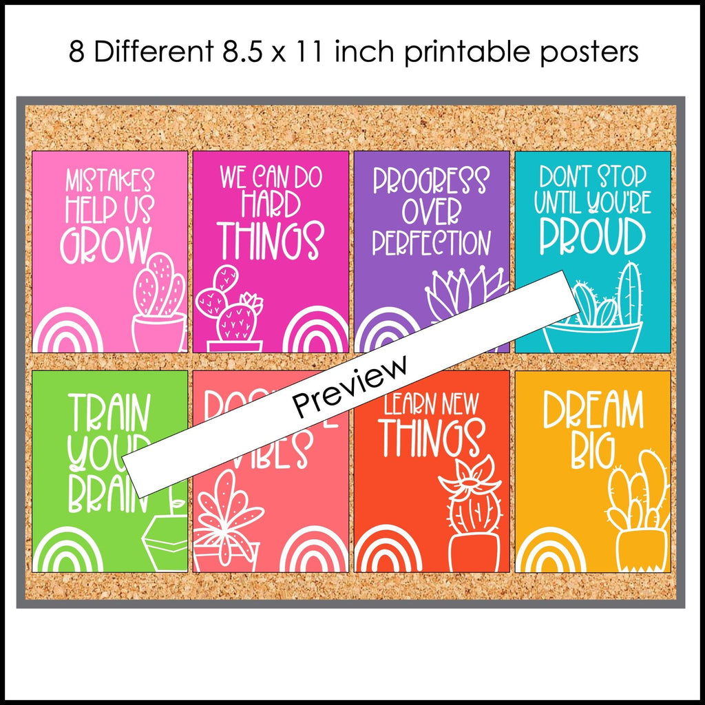 Growth Mindset Posters: Classroom Decor Quotes - Cactus Rainbow Colors - Hot Chocolate Teachables