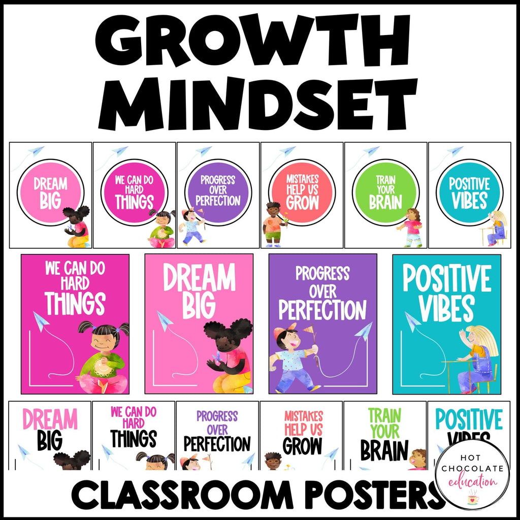 Growth Mindset Posters: Classroom Decor Quotes - Watercolor Rainbow Kids - Hot Chocolate Teachables