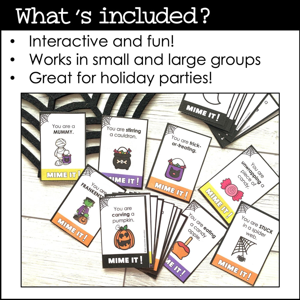 Halloween Charades | Miming Game Cards for Kids - Action Verbs & Costumes - Hot Chocolate Teachables