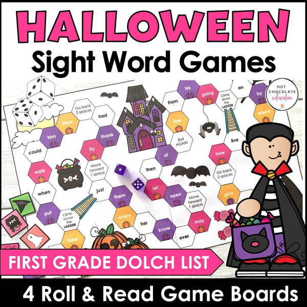 Halloween First Grade Sight Word Game Boards : Dolch List Roll & Read - Hot Chocolate Teachables