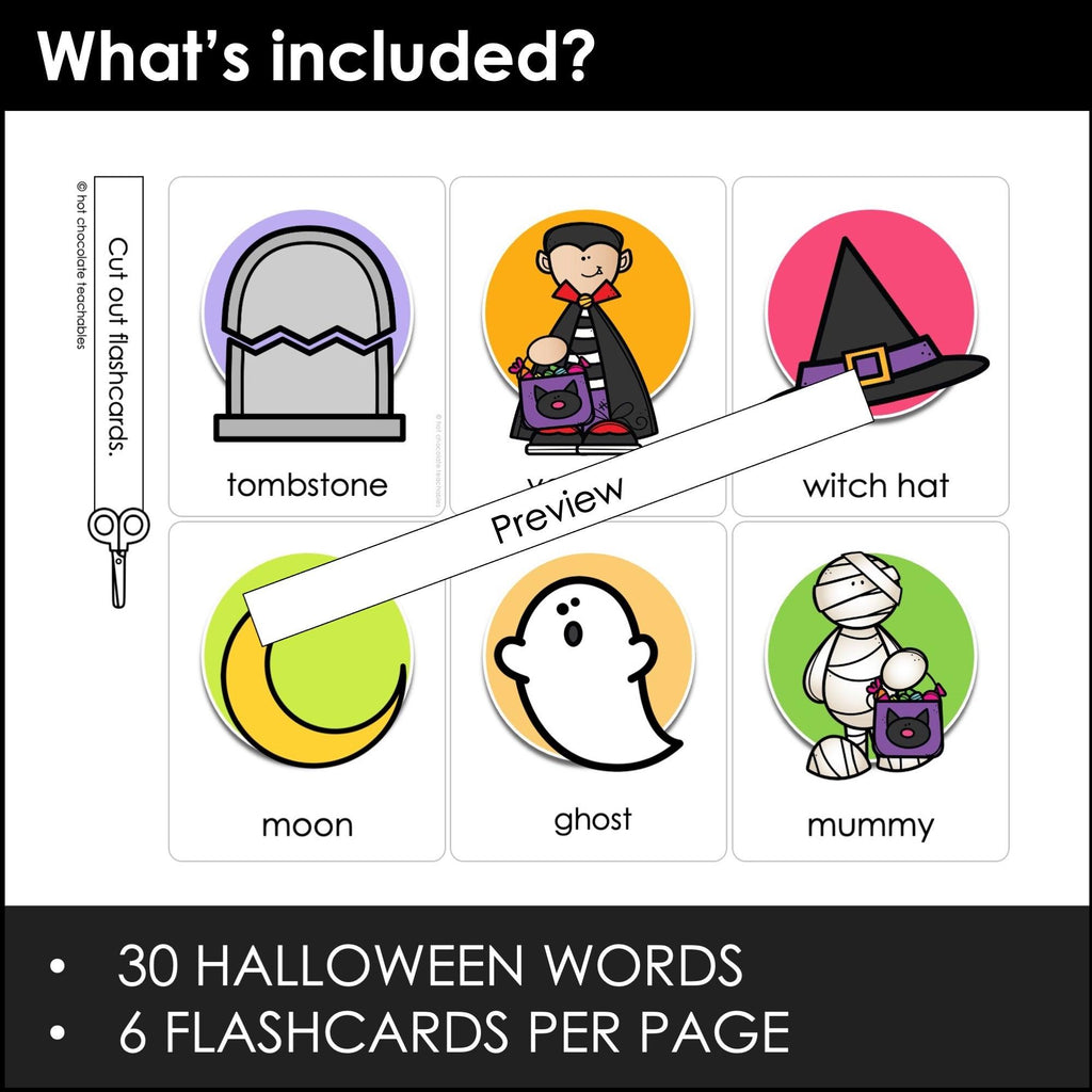 Halloween Flashcards ESL Vocabulary Flash cards for Kids -Editable Text - Hot Chocolate Teachables