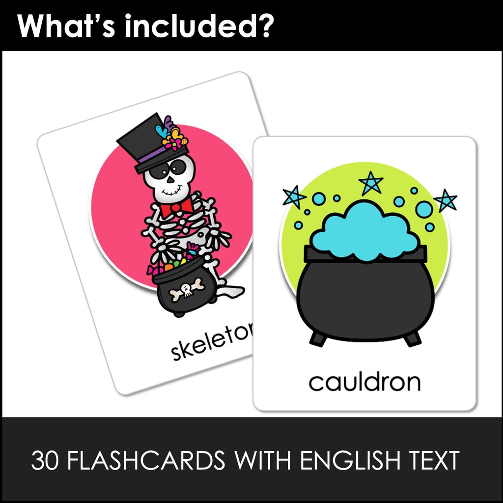 Halloween Flashcards ESL Vocabulary Flash cards for Kids -Editable Text - Hot Chocolate Teachables