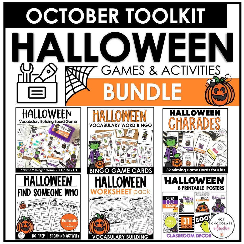 Halloween Games for ELL & ESL | October Grammar & Vocabulary Activities Bundle - Hot Chocolate Teachables