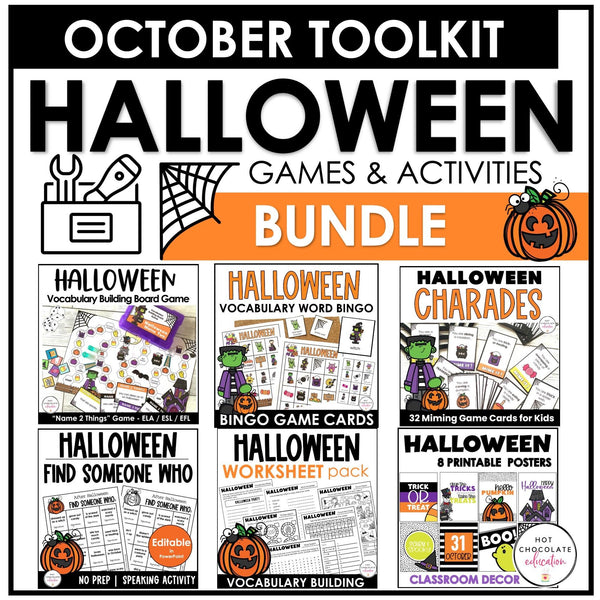 Halloween Games for ELL & ESL | October Grammar & Vocabulary Activities Bundle - Hot Chocolate Teachables