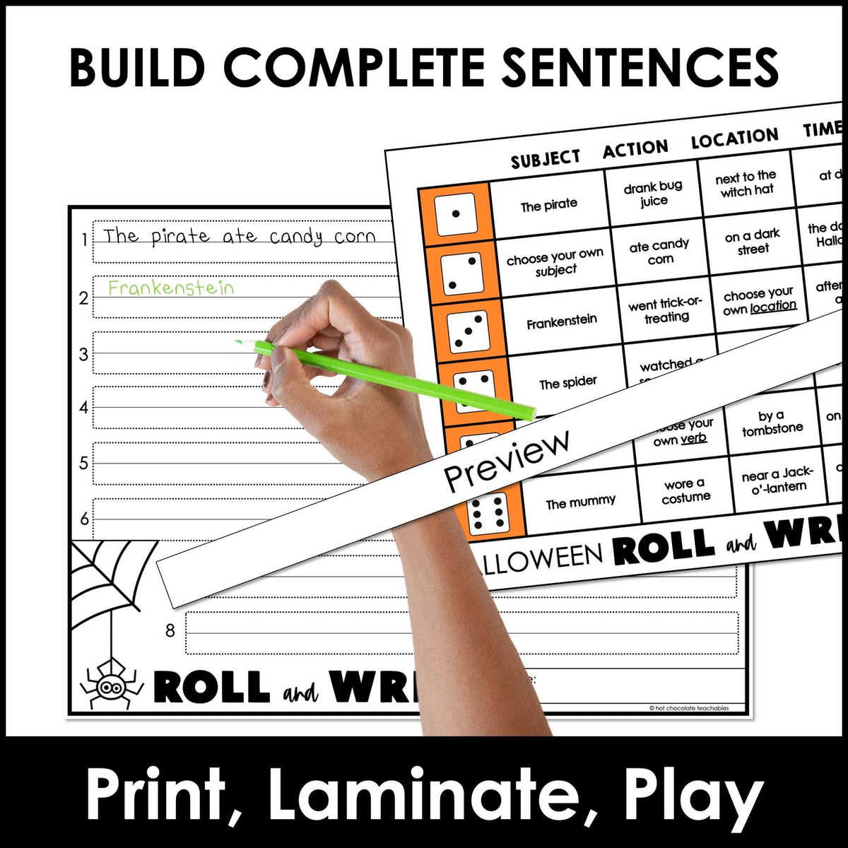 Sentence Dice Halloween Sentence Dice Activity - Subject, Verb, Location