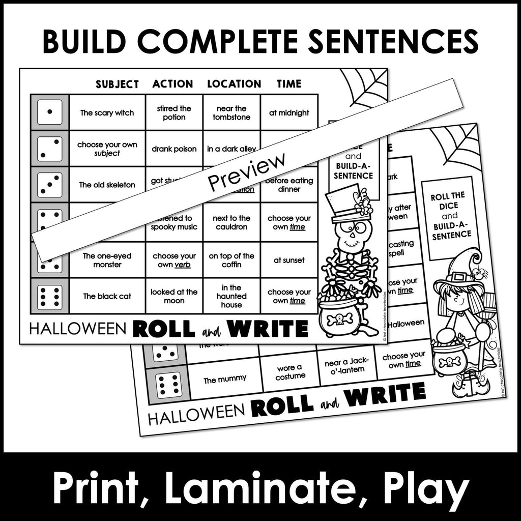 Halloween Sentence Building Dice Activity - Subject, Verb, Location, Time - Hot Chocolate Teachables