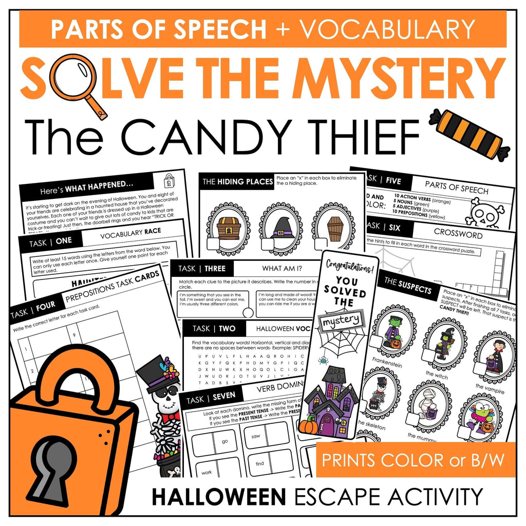 Halloween Vocabulary Escape Room - Parts of Speech - Solve the Mystery Activity - Hot Chocolate Teachables