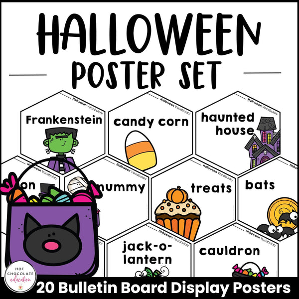 Halloween Vocabulary Posters | October Classroom Bulletin Board for ESL - Hot Chocolate Teachables