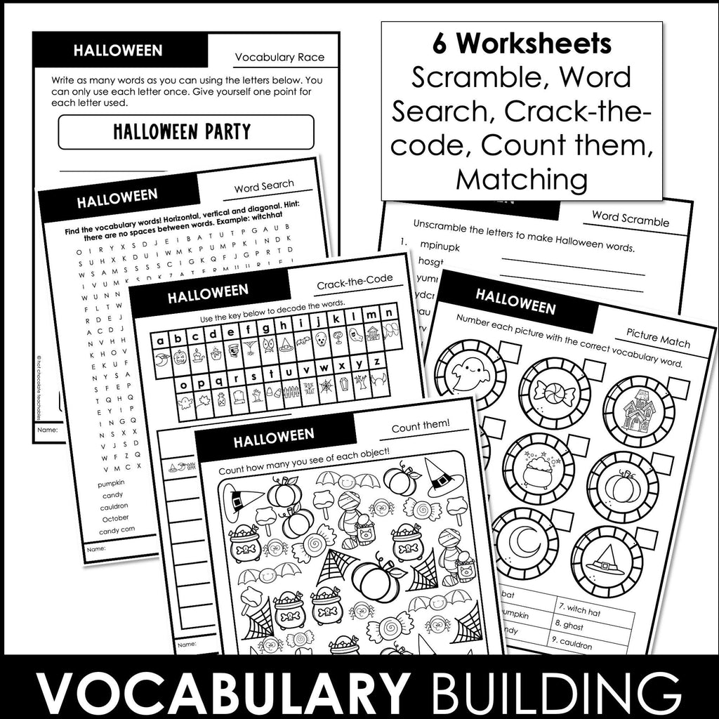 Halloween Vocabulary Word Worksheet Pack - Hot Chocolate Teachables
