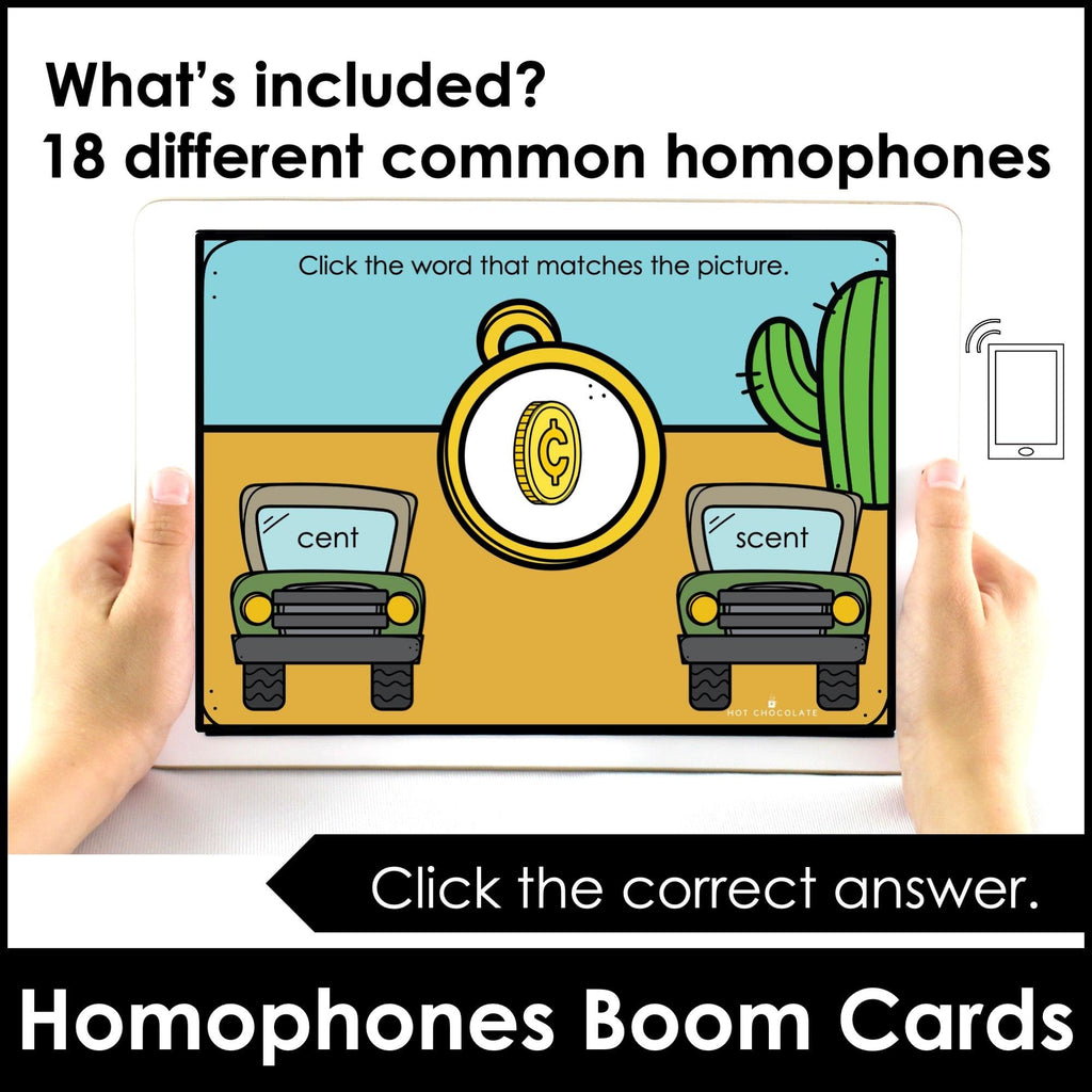 Homophones | Words with the Same Pronunciation and Different Meanings - Boom Cards - Hot Chocolate Teachables