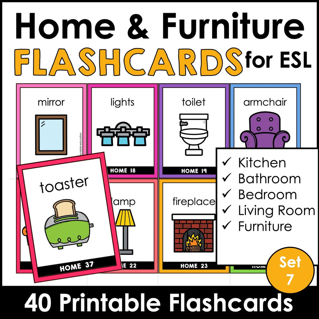House & Furniture Vocabulary Flashcards for ESL- Kitchen, Bath, Home - Hot Chocolate Teachables