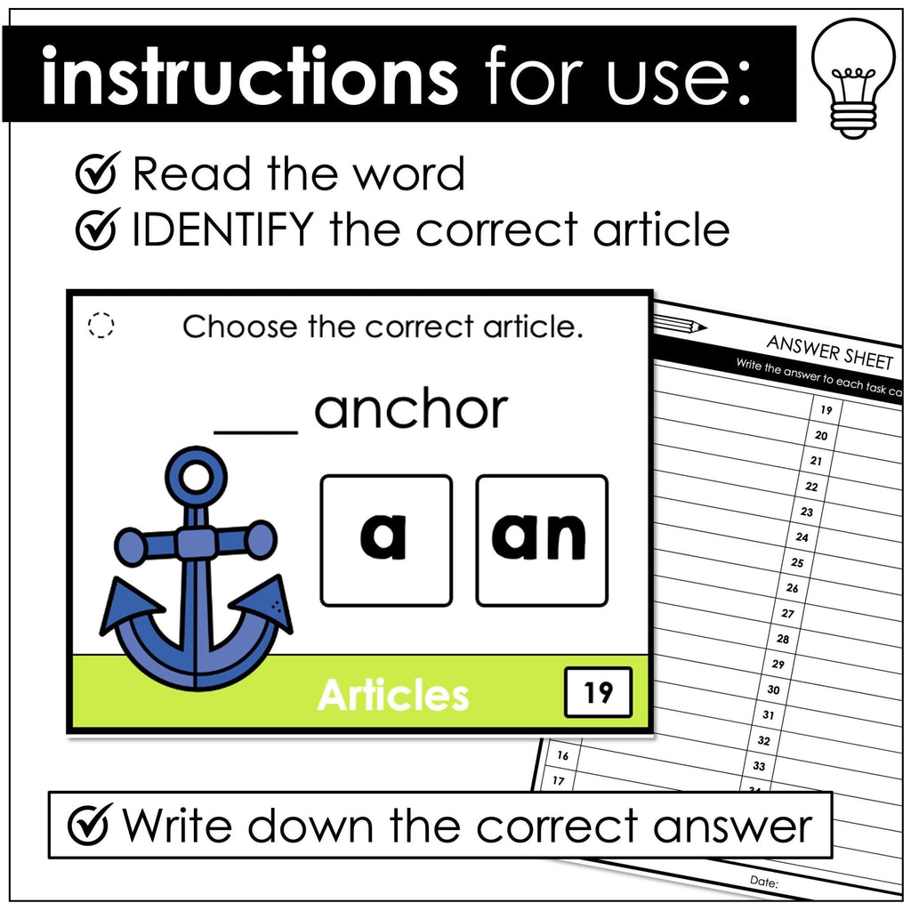 Indefinite Articles A or AN - Task Cards - ESL GRAMMAR TOOLBOX - Hot Chocolate Teachables