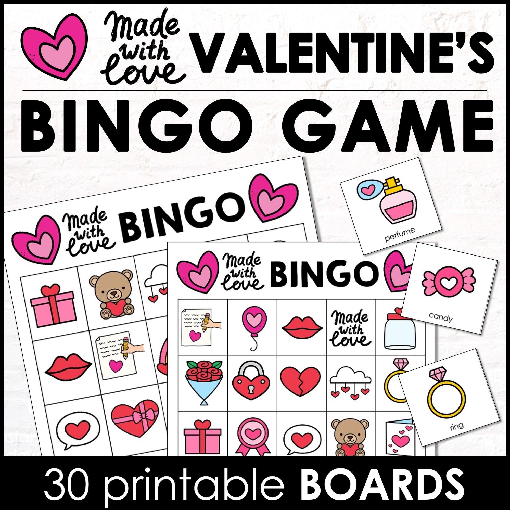 Valentine's Day Bingo game for classroom parties and February vocabulary practice