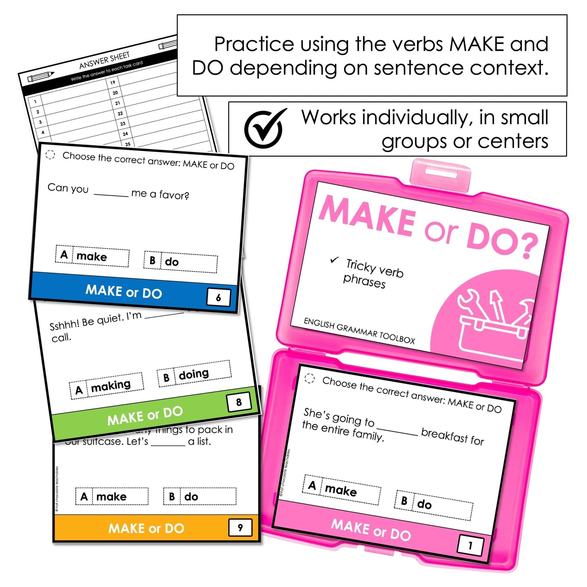 Make or Do? Task Cards | Using the correct verb with an object or activity - Hot Chocolate Teachables
