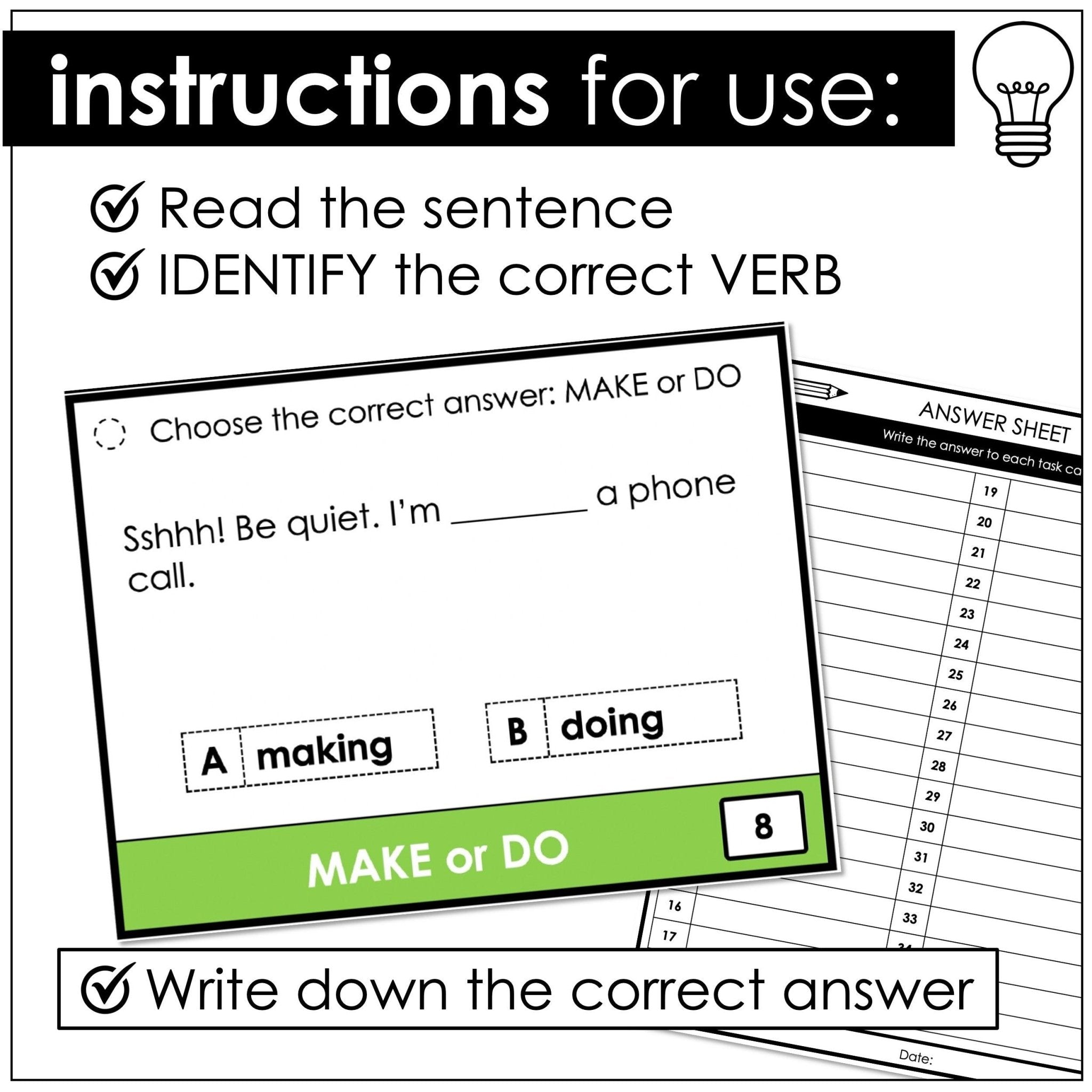 Make or Do? Task Cards | Using the correct verb with an object or activity - Hot Chocolate Teachables