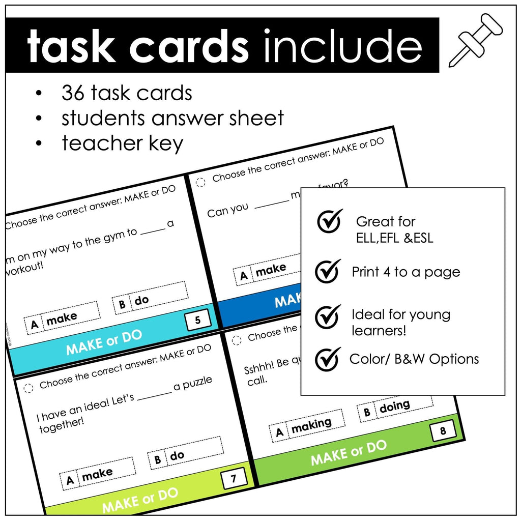 Make or Do? Task Cards | Using the correct verb with an object or activity - Hot Chocolate Teachables