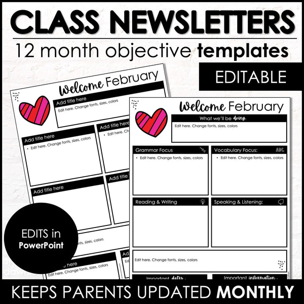 Monthly Parent Newsletter Templates - Editable ESL EFL ELL Classroom Objectives - Hot Chocolate Teachables