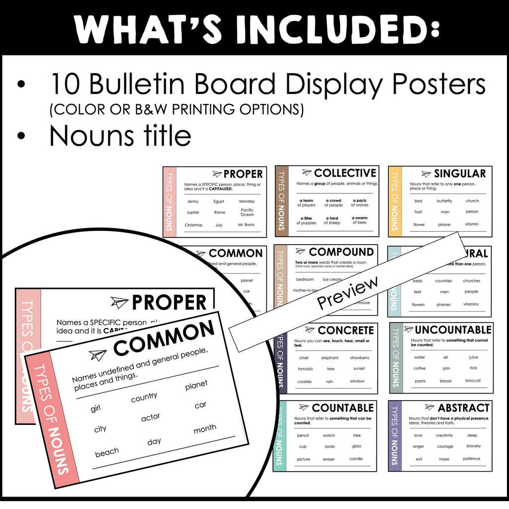 Noun Posters - Noun Types Parts of Speech Bulletin Board Display (Neutrals) - Hot Chocolate Teachables