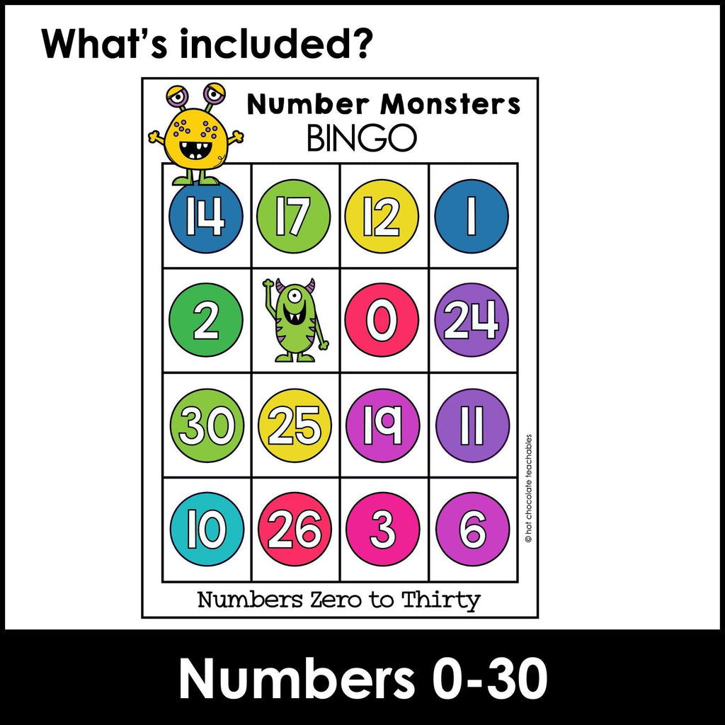 Number Monsters Bingo Game - Zero to Thirty - Hot Chocolate Teachables