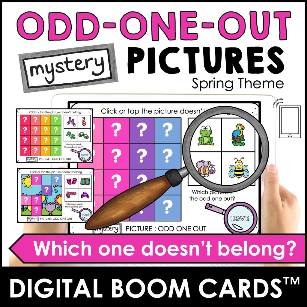 ODD ONE OUT | Which picture doesn't belong? Spring Mystery Picture BOOM CARDS™ - Hot Chocolate Teachables