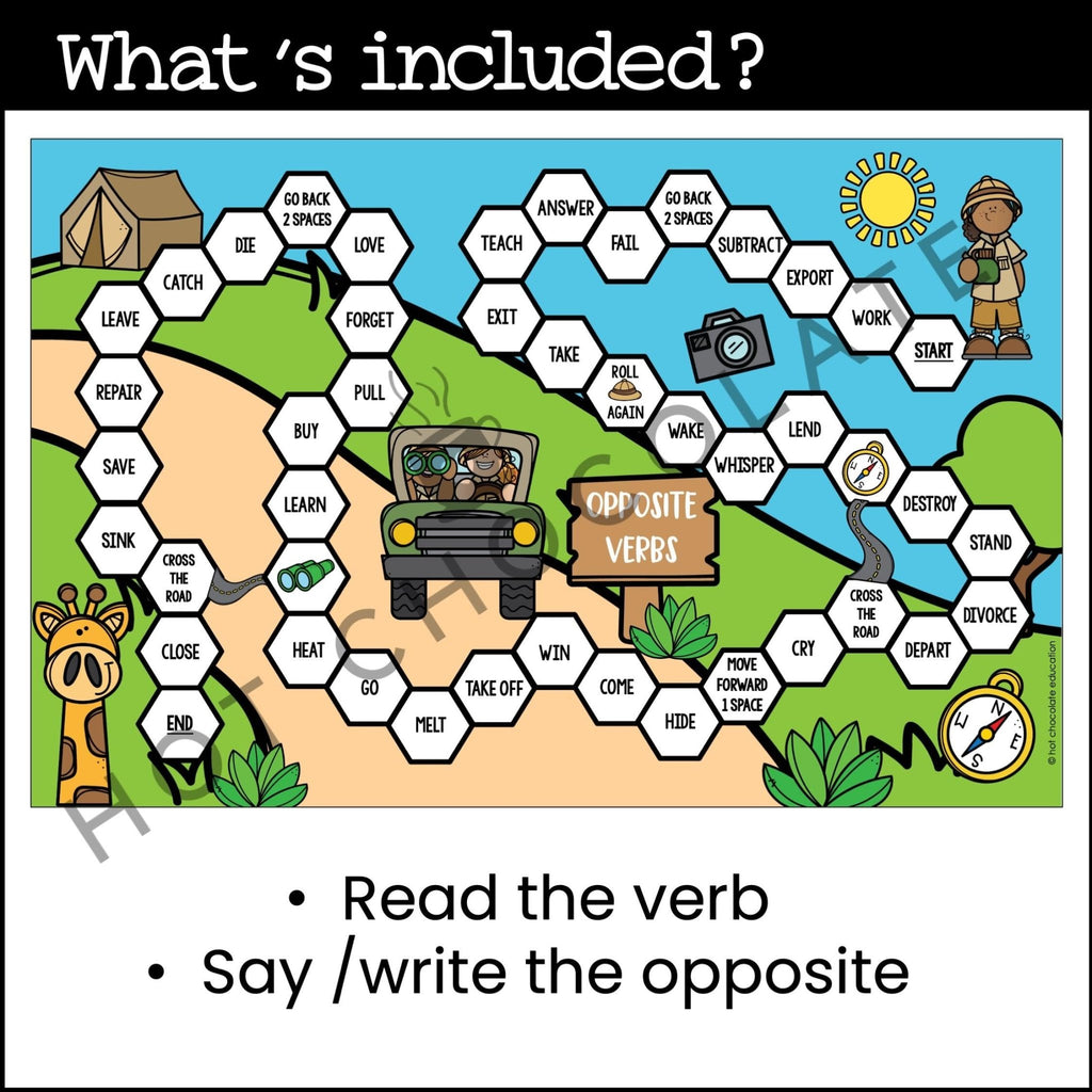 Opposite Verbs Board Game - Verb Practice Activity - Opposite Words - Hot Chocolate Teachables