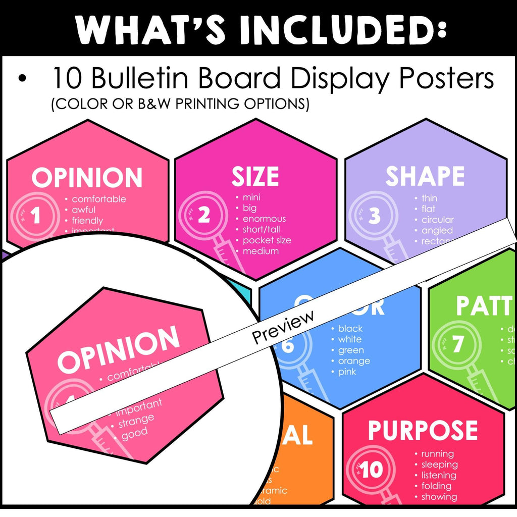 Order of Adjectives Posters | Printable Bulletin Board for Ordering Adjectives - Hot Chocolate Teachables