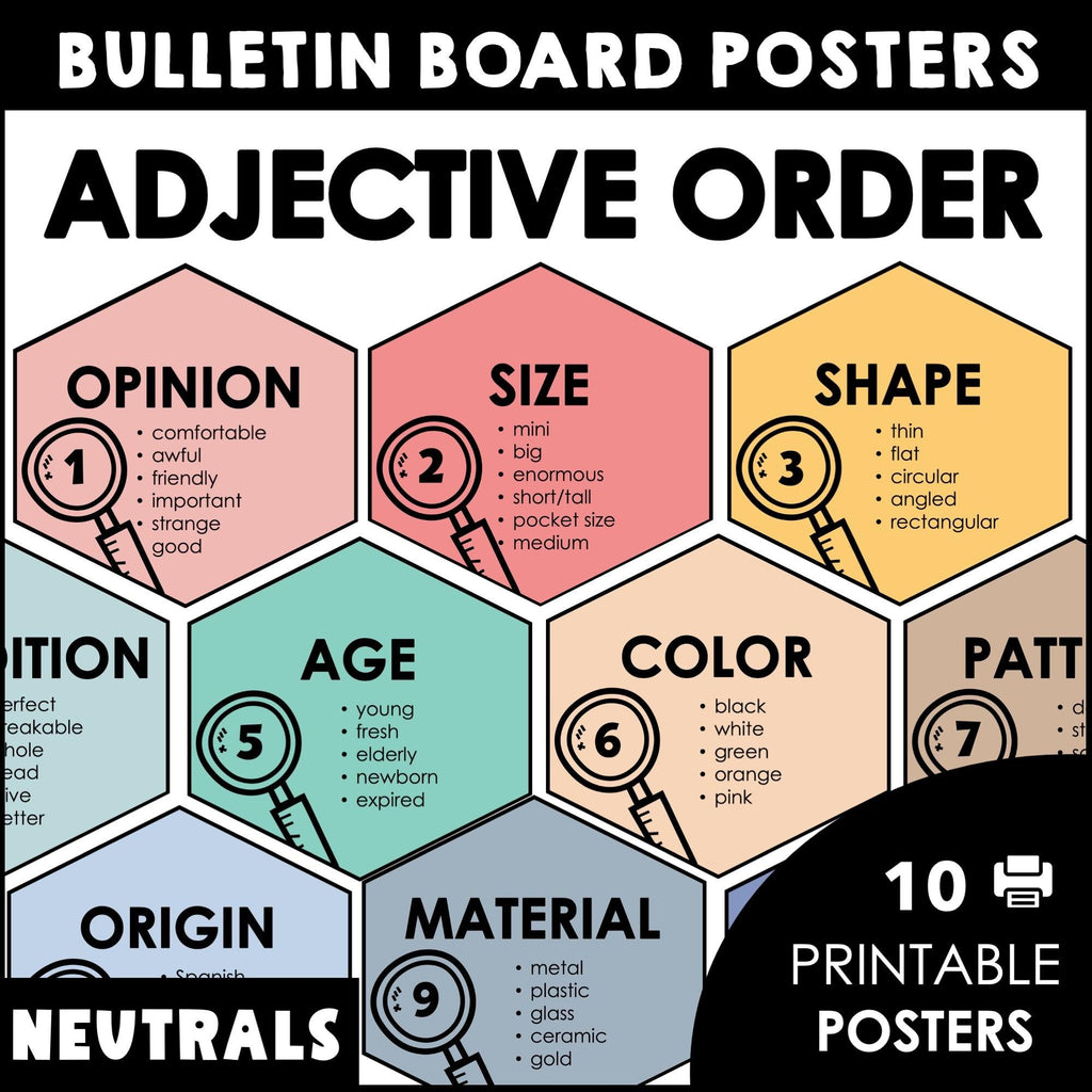 Ordering Adjectives Posters | Adjective Order in Sentences - Neutral Colors - Hot Chocolate Teachables