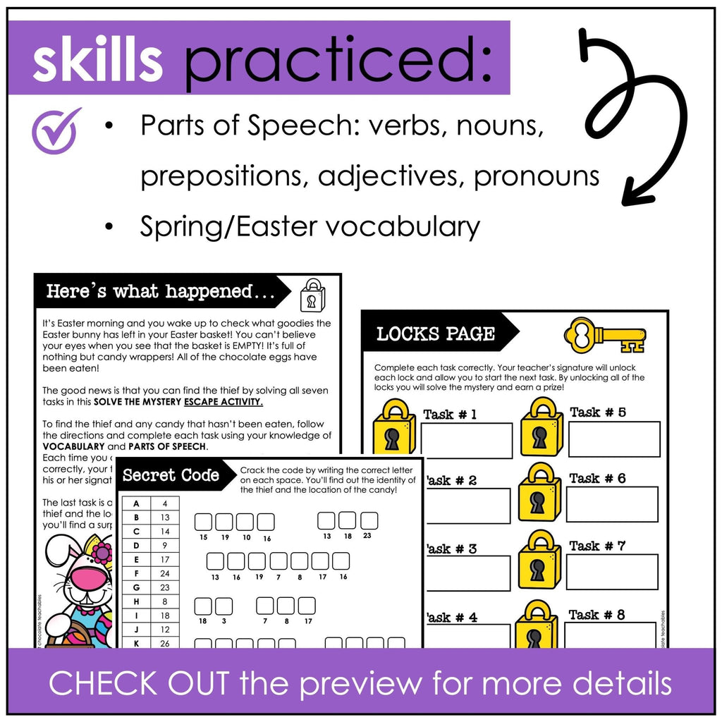 Parts of Speech - Easter / Spring Escape Room - Solve the Mystery Activity - Hot Chocolate Teachables