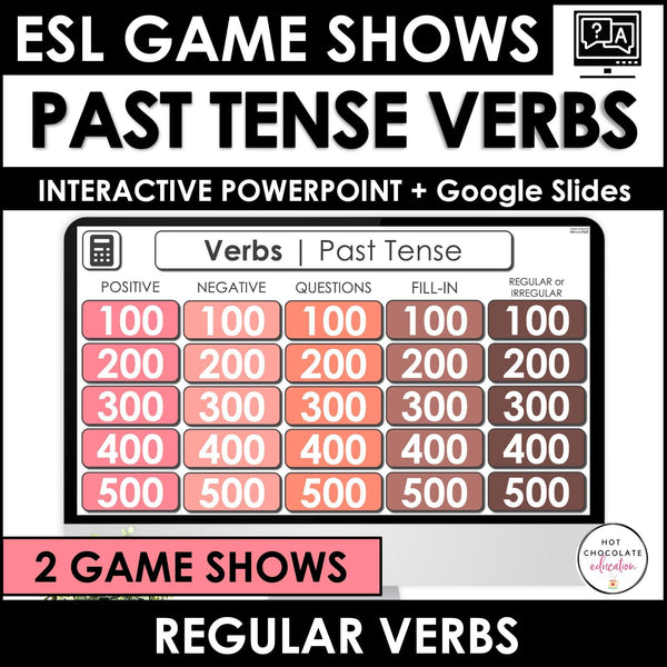 Past Tense Verb Review - Regular Verbs Game Show | PowerPoint + Google Slides - Hot Chocolate Teachables