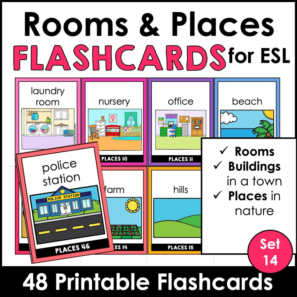 Places Flashcards : City, Town, Buildings, Outdoors, Rooms in the house - Hot Chocolate Teachables