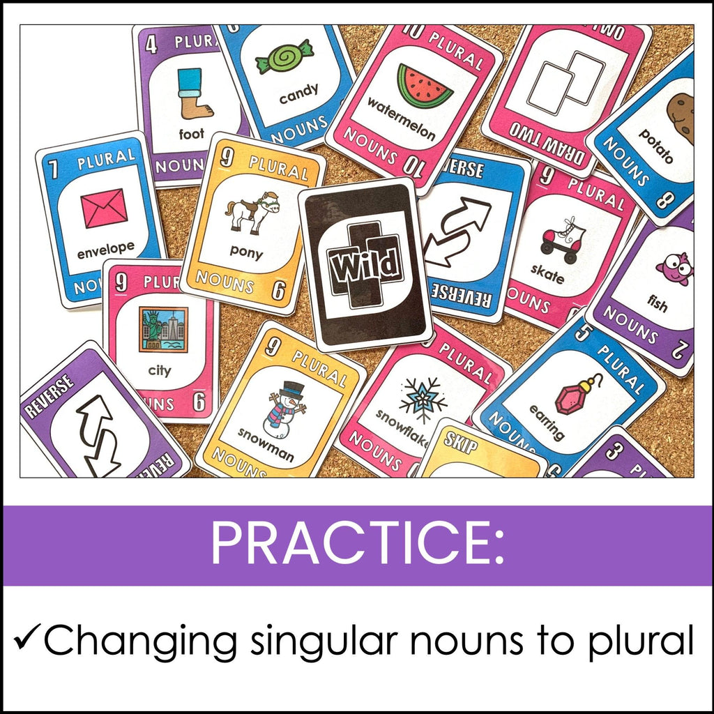 Plural Noun Endings card game -s, -es, -ies, and -ves and irregulars - Hot Chocolate Teachables