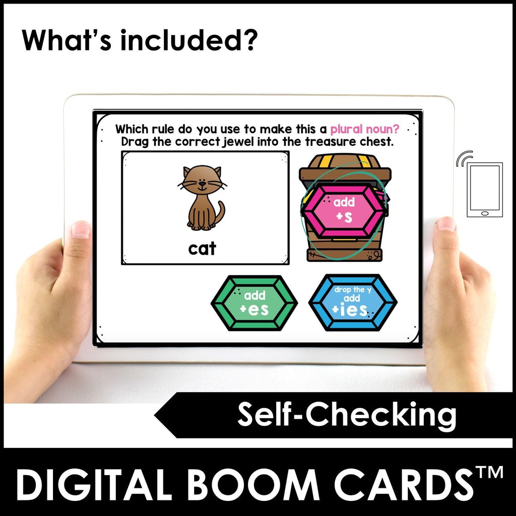 Plural Noun Rules BOOM CARDS™ - for Regular nouns -s, -es, -ies endings - Hot Chocolate Teachables