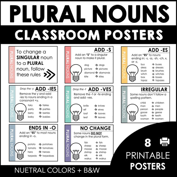 Plural Noun Spelling Rules Classroom Posters - s, es, ies, ves & Irregular NOUNS - Hot Chocolate Teachables