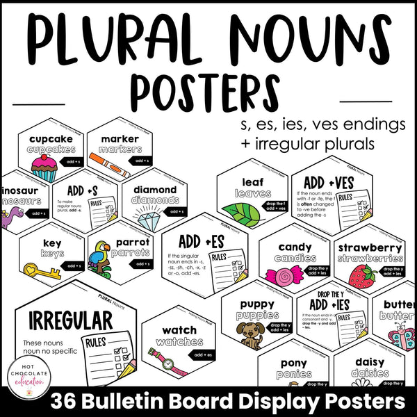 Plural Noun Spelling Rules Posters -Bulletin Board - s, es, ies, ves & Irregular - Hot Chocolate Teachables
