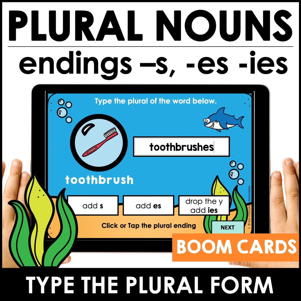 Plural Noun Spelling Rules | Regular nouns -s, -es, -ies endings - BOOM CARDS - Hot Chocolate Teachables